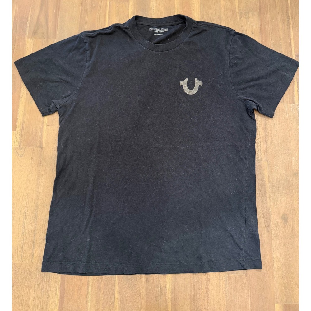 True Religion Mens Black Graphic T-Shirt Horseshoe Logo Large Fashion For Senses